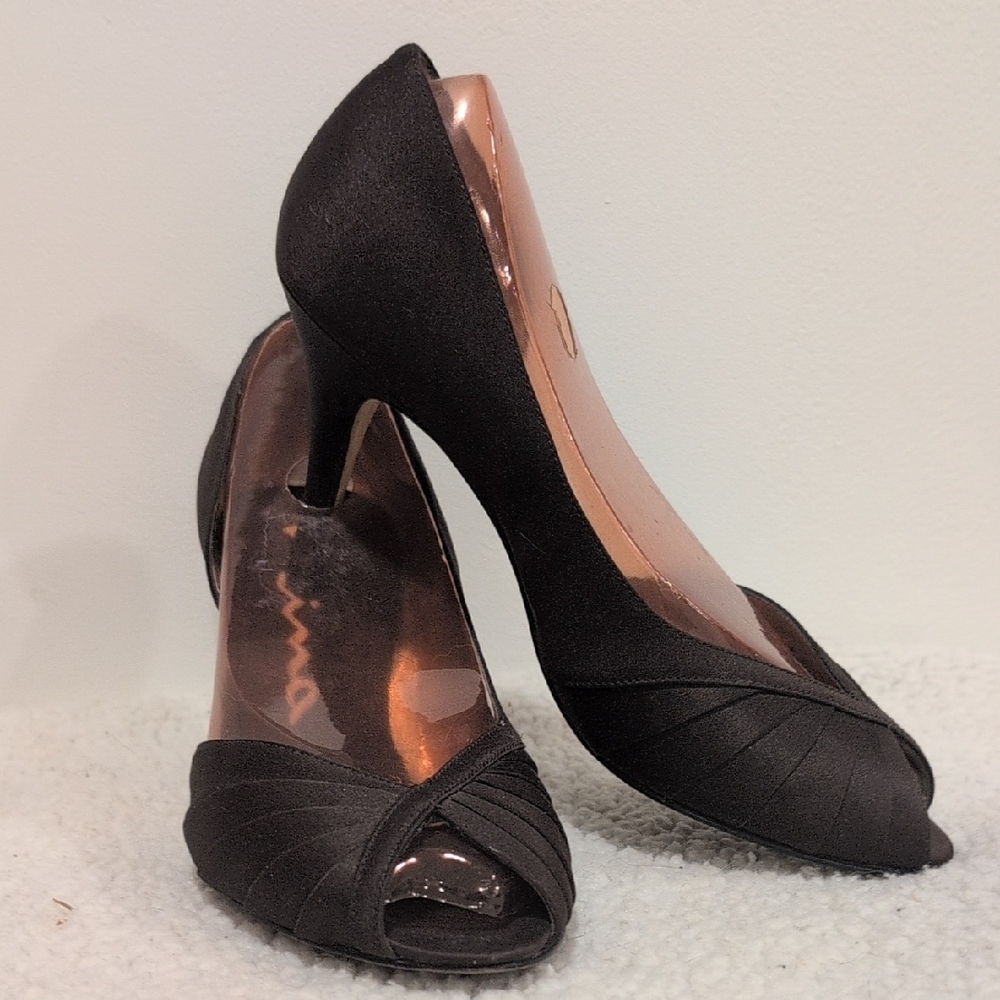 Brown Satin Peep-Toe Heels